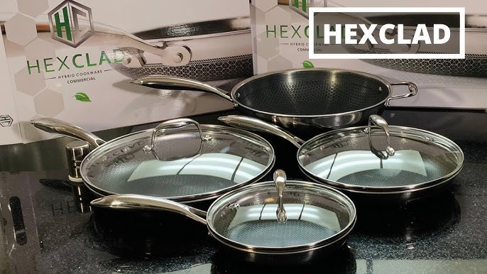 HexClad 4 Piece Hybrid Stainless Steel Cookware Set - 14 Inch Frying Pan  with Lid and 12 Inch Frying Pan with Lid, Stay Cool Handles, Dishwasher and