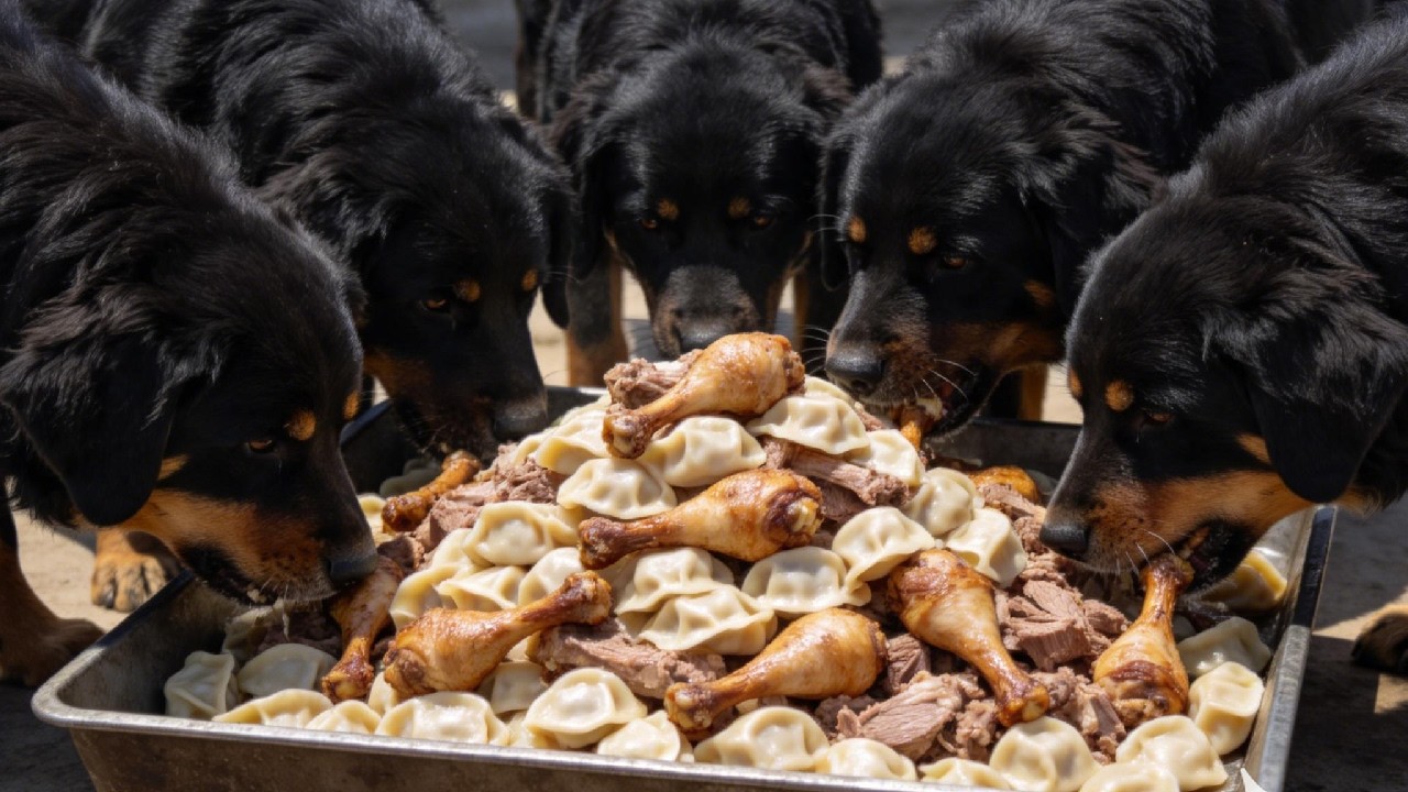 七小獒户外零下三十五度投喂，鸡腿加饺子堆满，狼吞虎咽不够吃！【高崇元的蒙古獒】