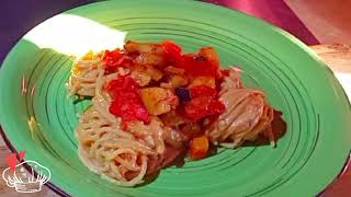 Spaghetti con crema di melanzane e pomodorini, super cremosi