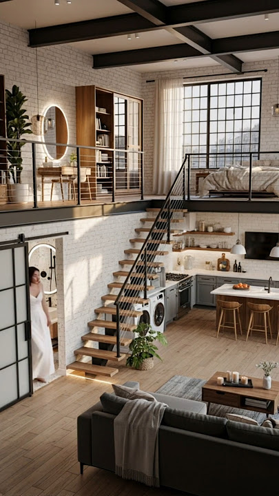 Modern Industrial Loft Apartment Design | Full Living Facilities & Mezzanine Bedroom
