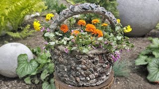 Flowerpot basket from a plastic bucket for the garden. Crafts for the garden