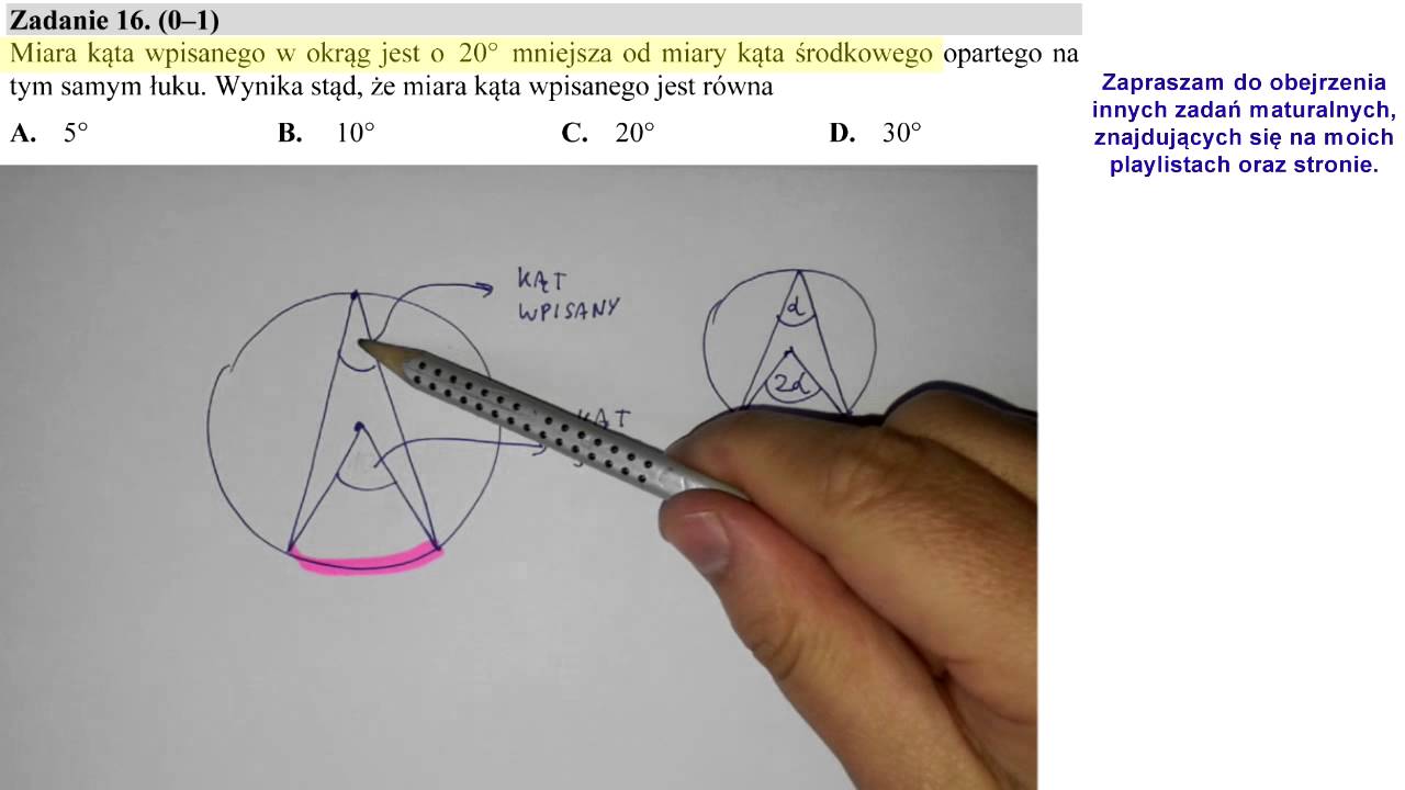 matura 2015 maj [zadanie 16] Miara kąta wpisanego w okrąg jest o 20