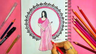 How To Draw A Girl With Traditional Saree¦¦ Mandala Art¦¦ Easy Drawing For Beginners ¦ Esha's Art's🌸