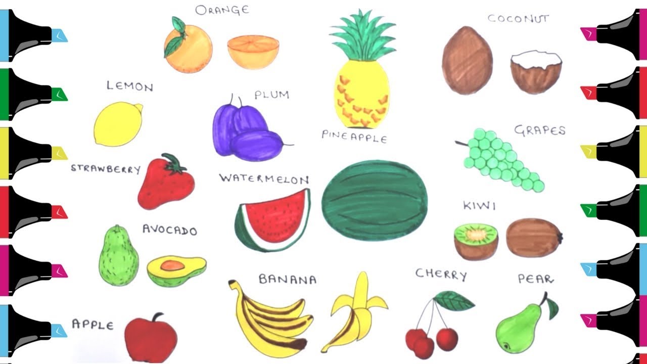 Colouring Pages for Kids with Fruits & Names : Learn Fruit Names ...