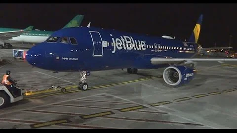 JetBlue Airways A320 Airbus Veterans Tribute Plane Night Time PushBack at JFK
