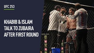 Khabib and Islam give Zubaira instructions in between rounds at UFC 253
