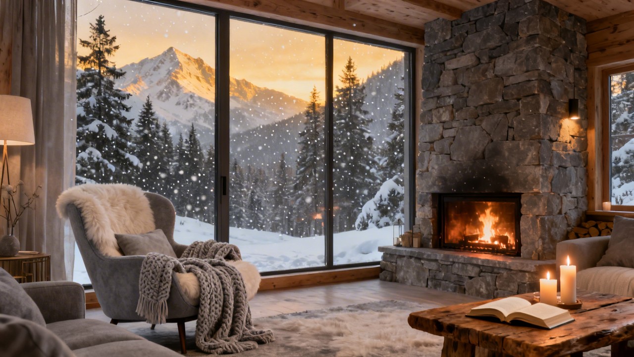 Snowy On Window & Fireplace Crackles in Cozy Living Room Ambience ❄️Gentle Piano for Calm and Relax