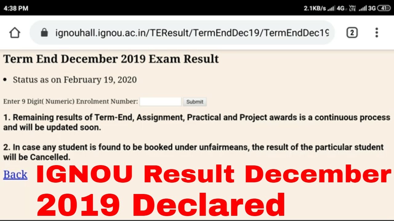 Ist update of Ignou Result December 2019