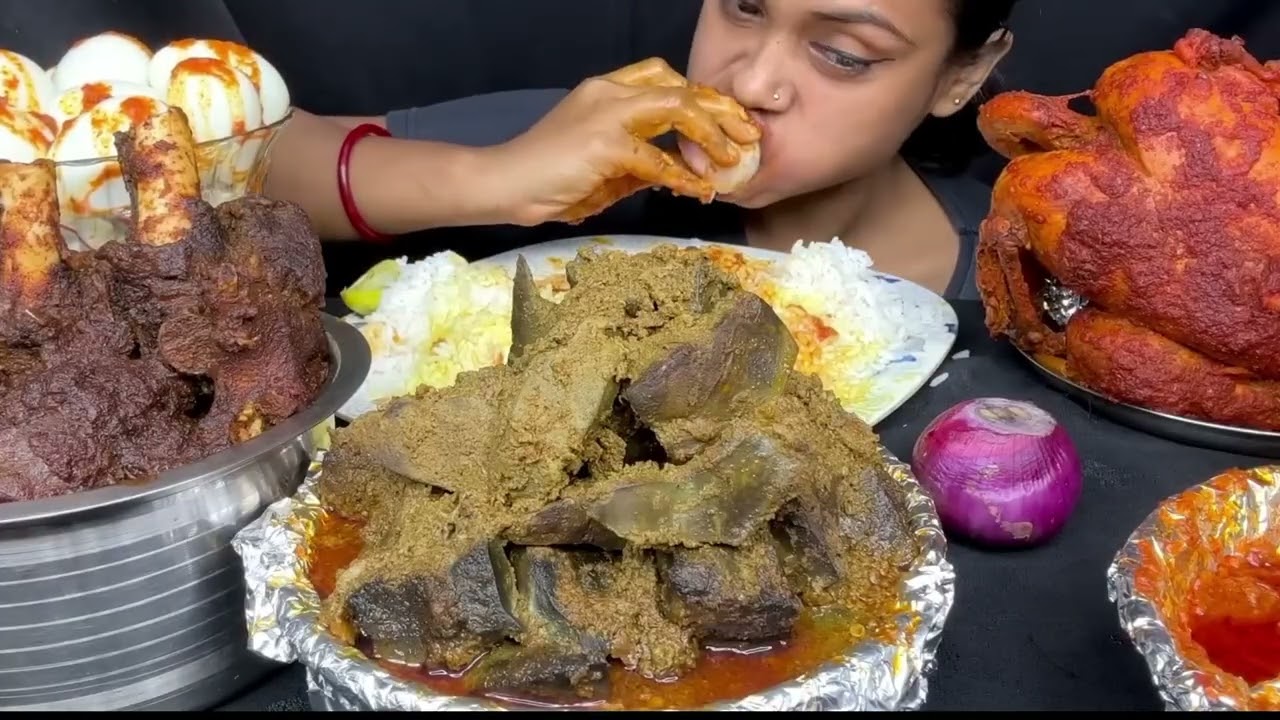 EATING Mutton Liver Curry Mutton Curry Whole Chicken Fish Fry Boiled Egg Rice BIG BITES ASMR Mukbang