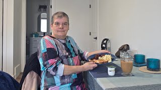 Morning chat with Scrambled Eggs Bacon Toast Yogurt n Coffee 