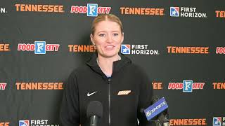 Lady Vols' basketball assistant, Jenna Burdette speaks with the media