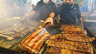 Best Cuts of Argentinian Meat. Pork Loin, Angus, Tons of Ribs. Street Food Event in Italy.