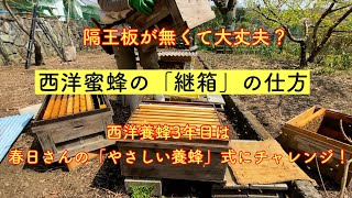 【セイヨウミツバチ】西洋蜜蜂の「継箱」。。。西洋養蜂3年目は尊敬する春日さんの「やさしい養蜂」式にチャレンジ　さあ上手くいくかな