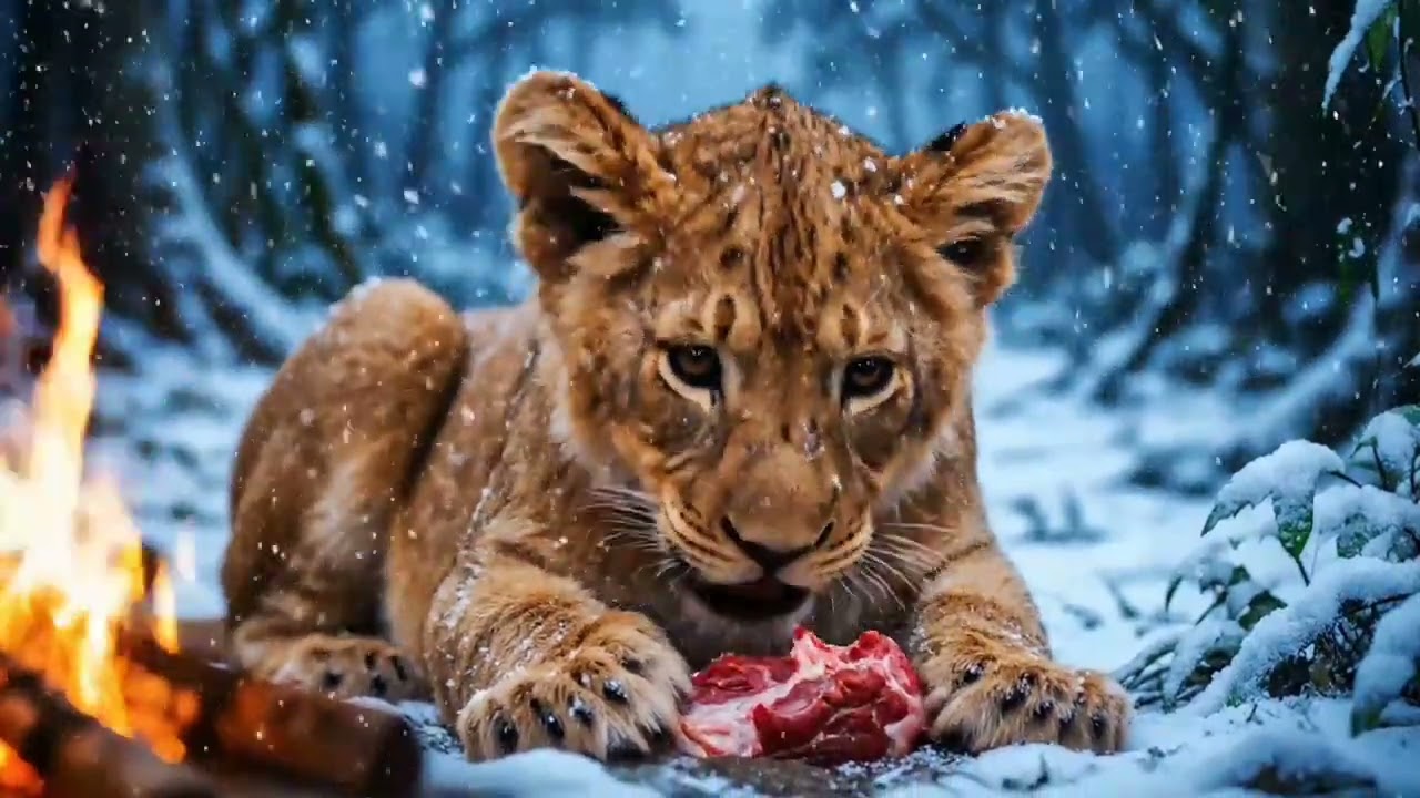 A little lion eating dear meat in snow season 