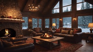 Remote mountain lodge with fireplace sounds and snow falling outside, winter asmr #Live #Livestream