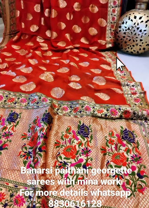 Exclusive banarasi paithani georgette sarees with mina work  For more details WhatsApp 8830616128