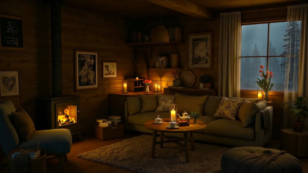 Cozy Cabin Ambience on Rainy Night 🌧️Relaxing Jazz Music & Gentle Rain Sounds on Window for Sleeping