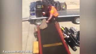 Raw Footage - Passenger looks on in horror as baggage handler hurls their guitar
