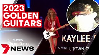 Australia’s new country star Kaylee Bell picks up a Golden Guitar at the 2023 Tamworth Country Music