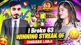 Break 63 Winning Streak 😱 Aawara vs Bindass Laila 😡 बहुत गुस्सा हो गई || Free Fire