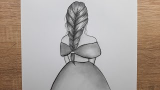 Kolay Elbiseli Kız Çizimi, Örgü Saçlı Arkası Dönük Kız Resmi Adım Adım Nasıl Çizilir