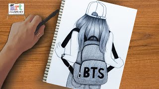 رسم سهل | رسم بنت ترتدى حقيبة المدرسة Bts | رسم بنات | How To Draw A Girl Wearing A School Bag Bts