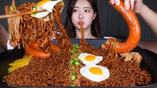 ASMR MUKBANG | SPICY MALA BLACK BEAN NOODLES (CHAPAGETTI) 🔥 SAUSAGE & MUSHROOM & FRIED CHICKEN SKIN