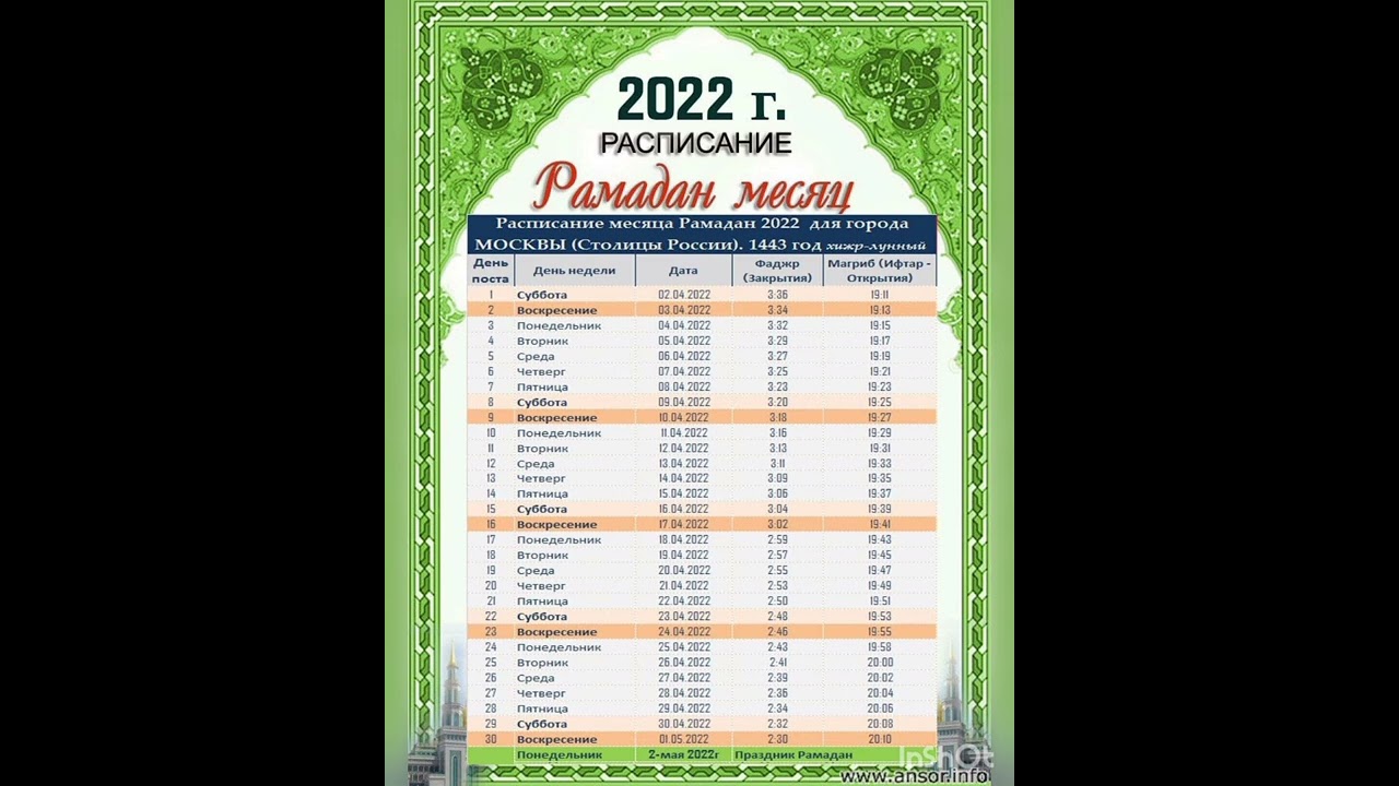 Расписание ифтара на март 2024