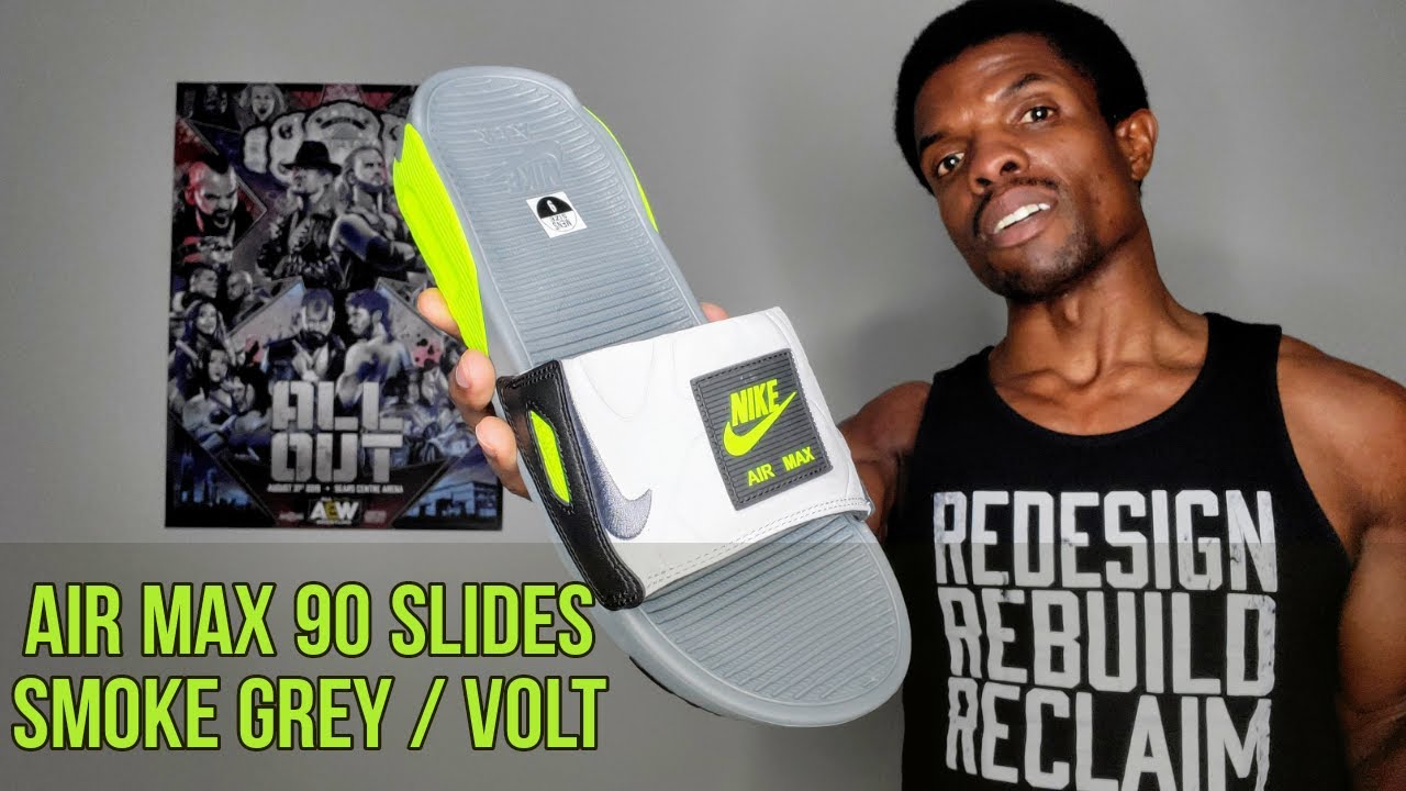 Doorlaatbaarheid man Uitschakelen Nike Air Max 90 Slides “Smoke Grey Volt” On Feet Review (BQ4635 001) -  YouTube