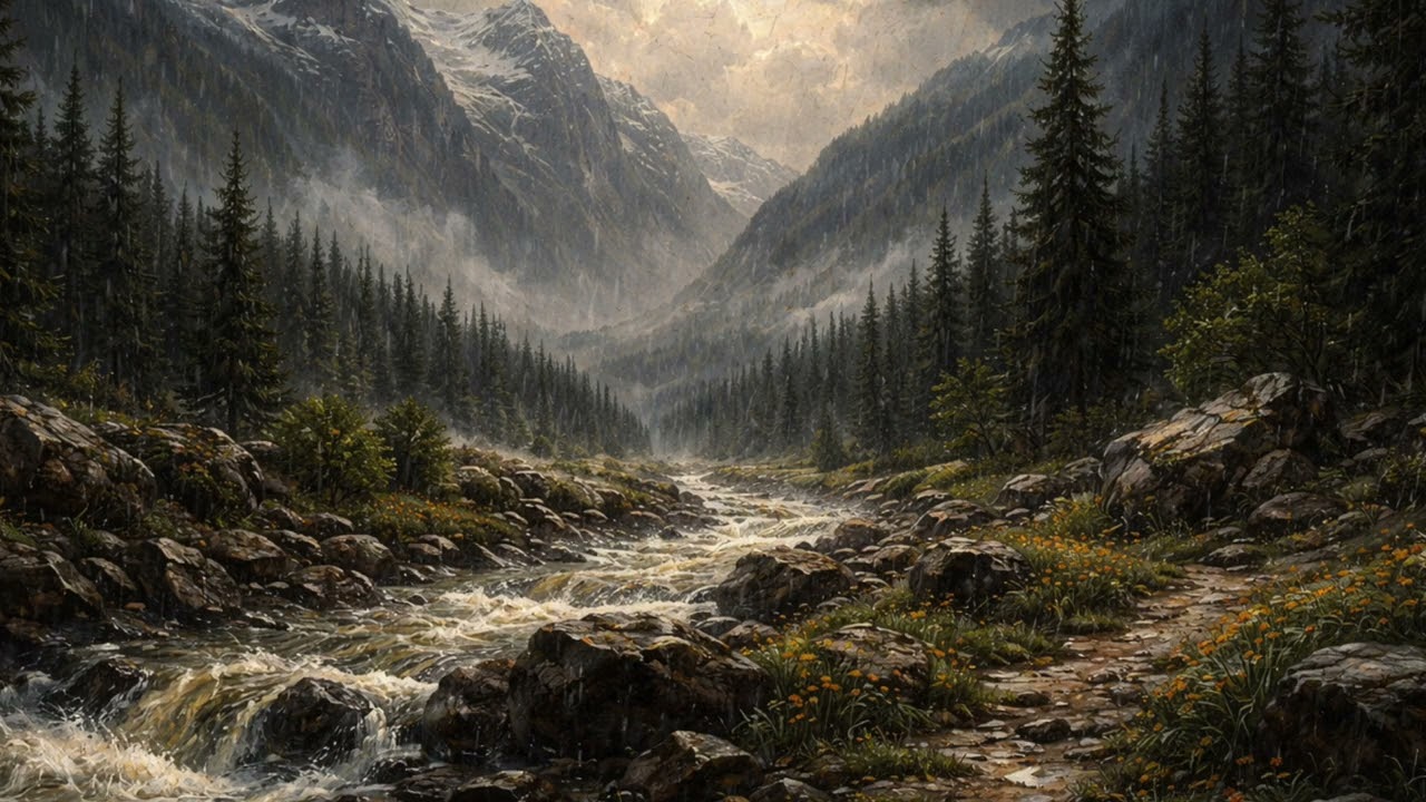 Realistic Mountain Oil Painting 4K | Rainy Forest, River and Peaks | TV Screen | TV Wallpaper