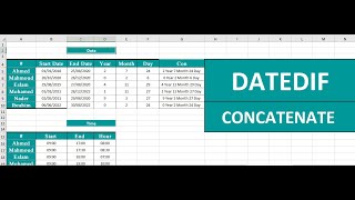 معادلة حساب الفرق بين تاريخين , عملية الطرح بين تاريخين DATEDIF مع معادلة CONCATENATE