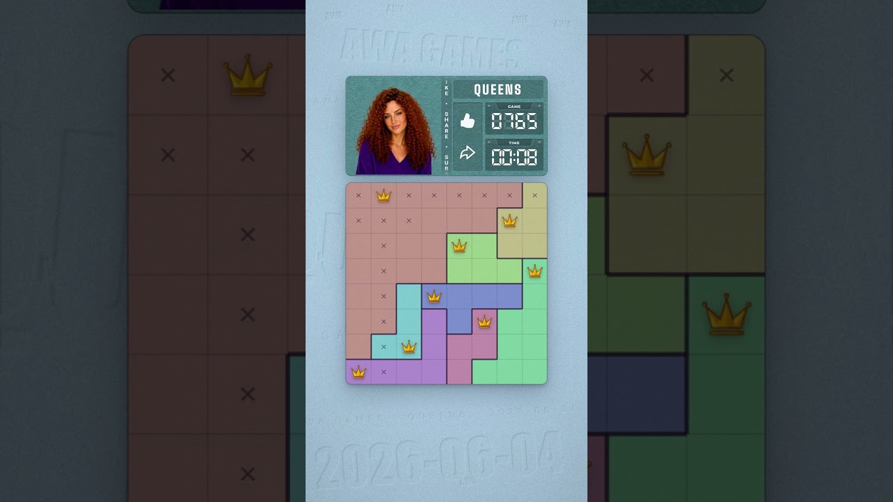 LinkedIn Queens #765 solved board for June 4, 2026, 8x8 grid