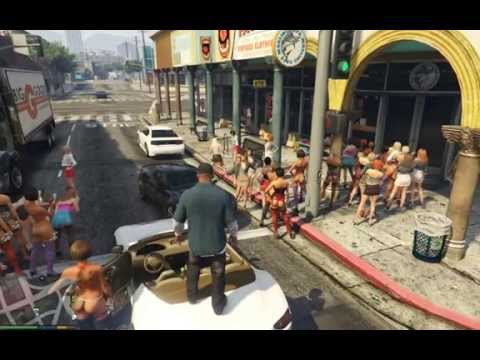 GTA 5. Hooters and strippers do strike and block traffic. Follows massive battle, trample on women.