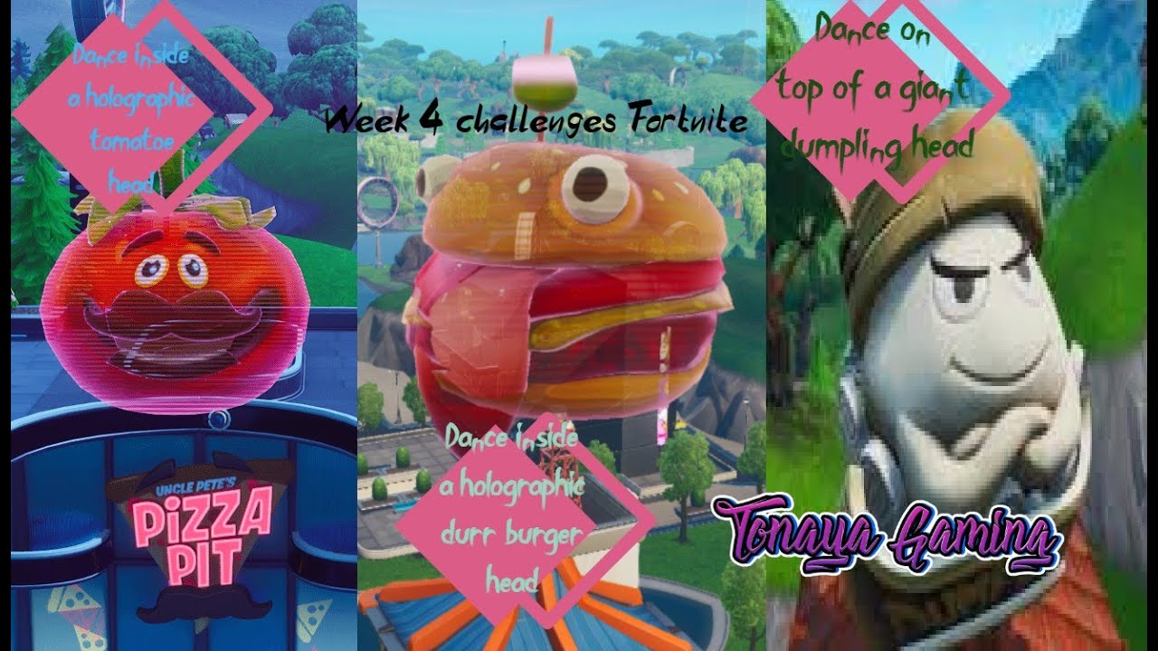 Dance inside a holographic tomato head , durr burger head and  giant dumpling head  Fortnite