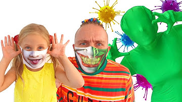 Alice and dad play professions game and learn simple safety rules for kids