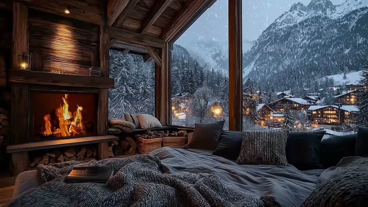 Peaceful Cabin Evening with Crackling Fireplace and Snowy Forest Ambience for Deep Rest