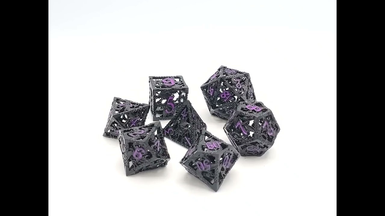 Old School 7 Piece DnD RPG Metal Dice Set: Hollow Dragon Dice - Black w/ Purple