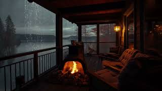 Sleep well tonight with Heavy Rain Sounds Falling in Cozy Cabin Balcony | Rain Sounds and Fireplace