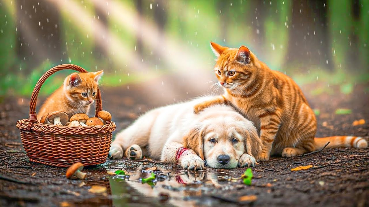 Mama Cat and Ginger Rescue Abandoned Puppy in the Forest And Gave Him a Loving Home 🐾🐱🐶