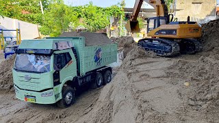 Máy Xúc Múc Cát Lên Xe Tải, Xe tải Hạng Nặng Chở Cát Đá Quá Tải, Backhoe Excavator, Dump Truck