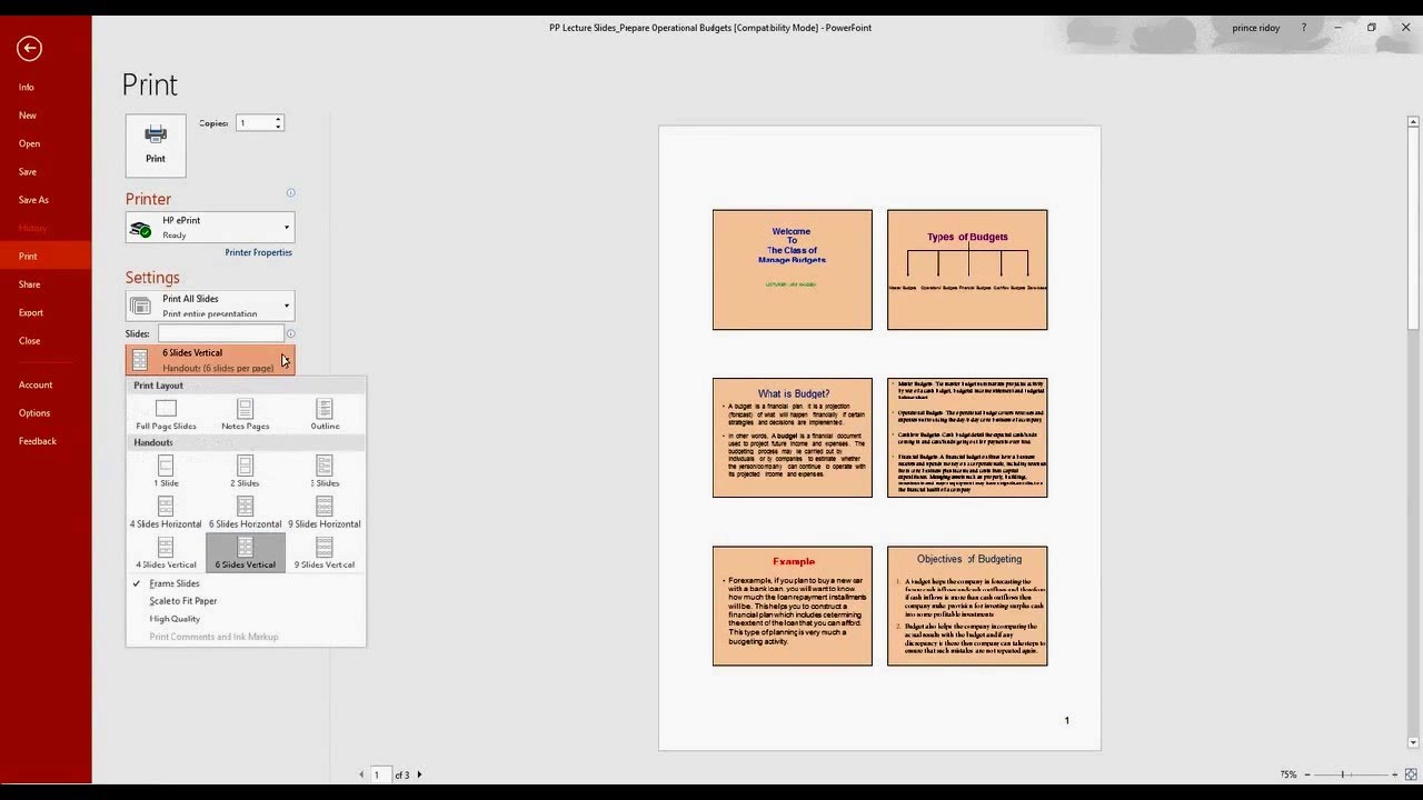 powerpoint 3 slides per page without notes