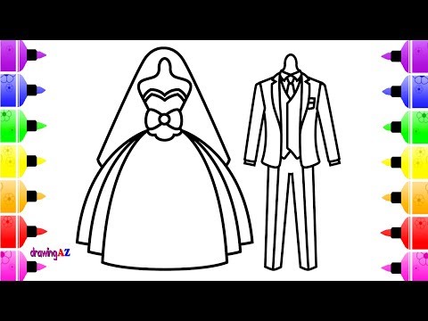 How to Draw Wedding Dresses for Bride and Groom | Coloring Page for Kids