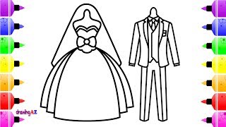 How to Draw Wedding Dresses for Bride and Groom | Coloring Page