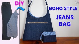 DIY BOHO STYLE JEANS BAG | DIY BAG | BOHO BAG | RECYCLE OLD JEANS IDEAS | BAG SEWING TUTORIAL