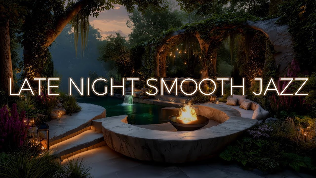 Late Night Smooth Jazz – Cozy Garden Lounge Ambience with Fire & Waterfall Sounds