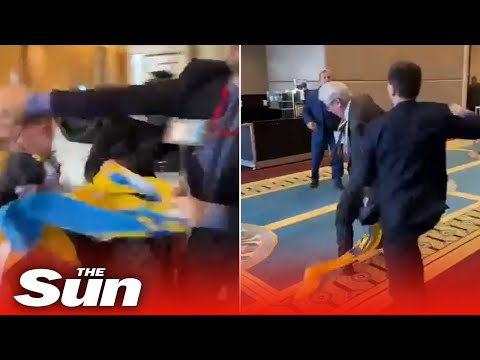 Fist fight erupts when Russian diplomat rips down Ukrainian flag at conference