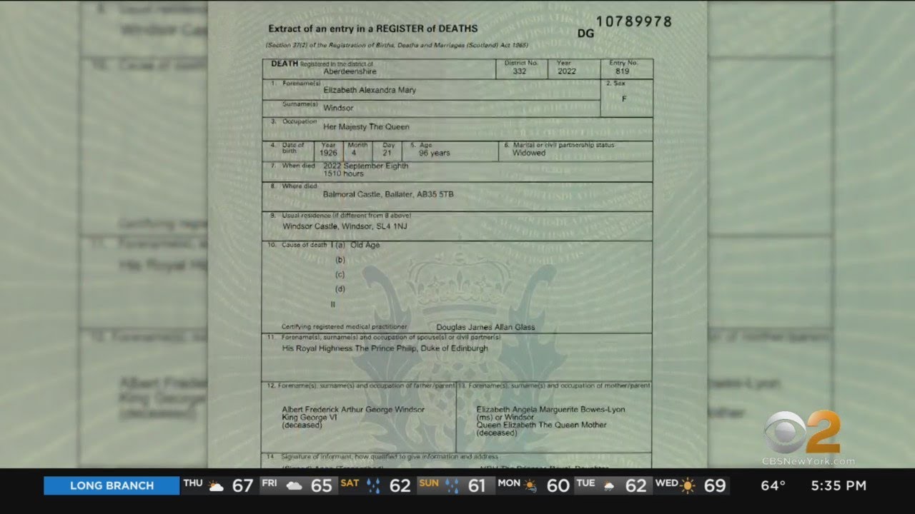 Queen Elizabeth II died of old age, death certificate shows