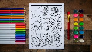 How to Draw a Mermaid and Seahorse Step by Step | Mermaid Coloring Page 💙💜💚
