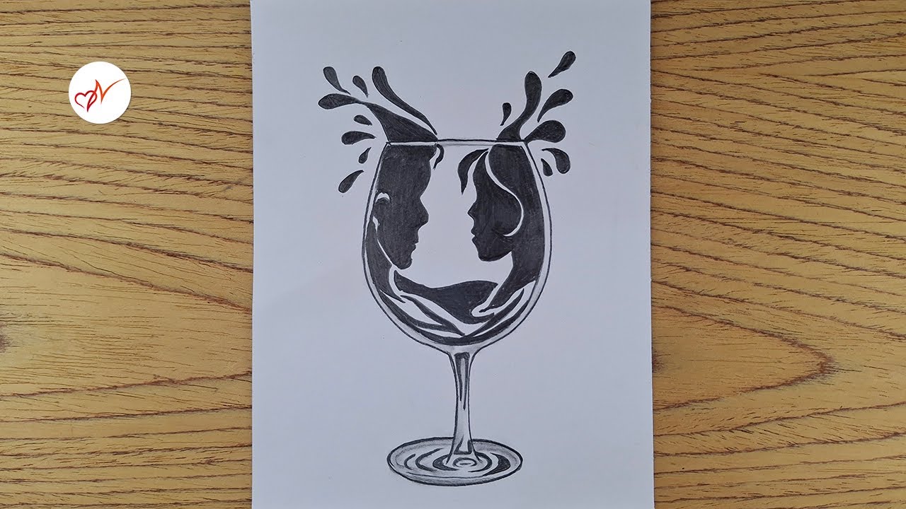 Couple Face Inside Wine Glass Pencil Sketch Drawing | Drawing for Beginners