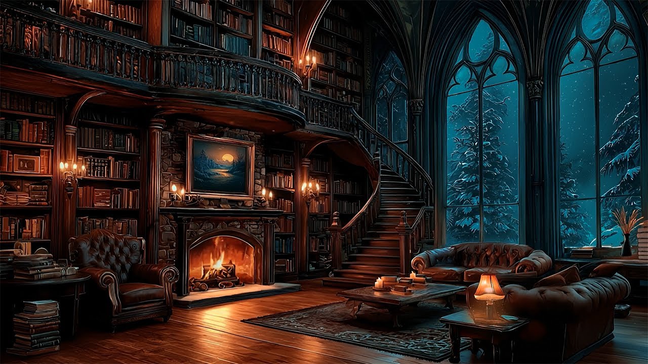 Gothic Winter Study Room with Fireplace Ambience | Dark Academia Piano & Violin Music for Reading